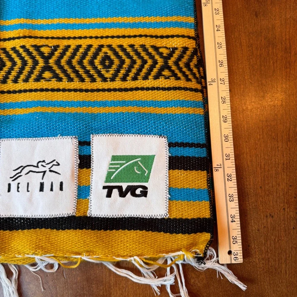 Del Mar TVG‎ Serape Blanket Turquoise Yellow Horse Racing Woven Fringe Baja